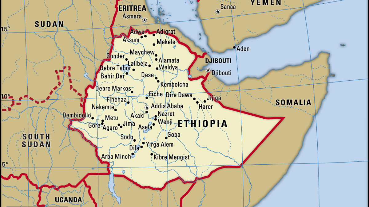 Ethiopia map boundaries cities locator